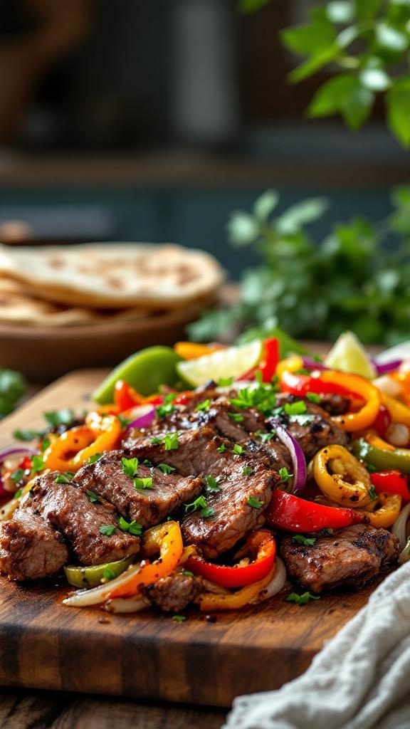 Delicious steak fajitas with colorful bell peppers and onions on a wooden board.