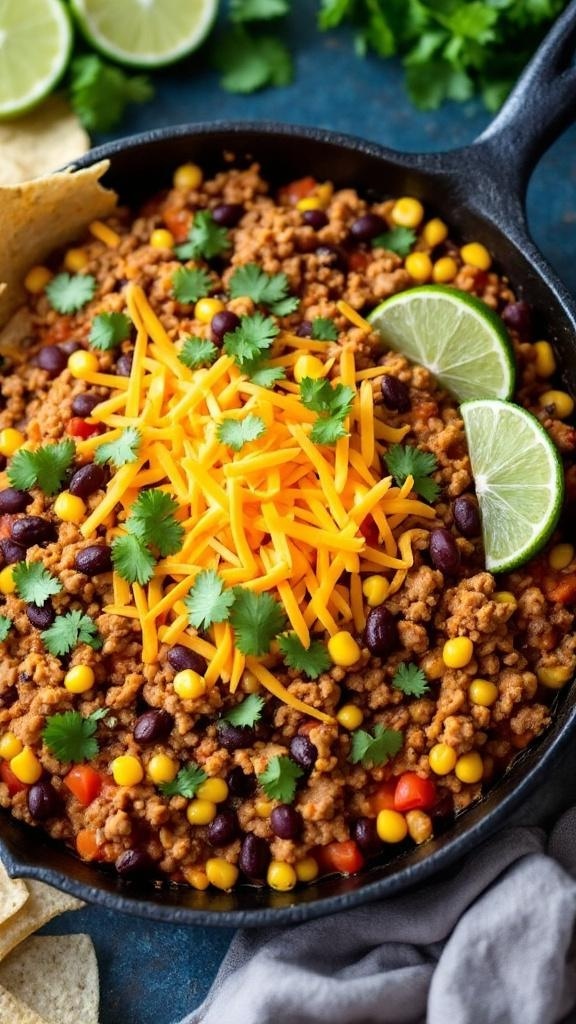A colorful taco skillet with ground turkey, black beans, corn, and topped with cheese and cilantro.