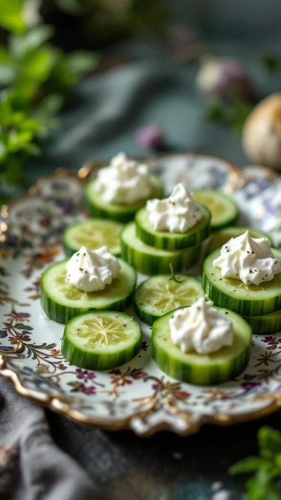 A plate of sliced cucumbers topped with cream cheese, garnished with black pepper.