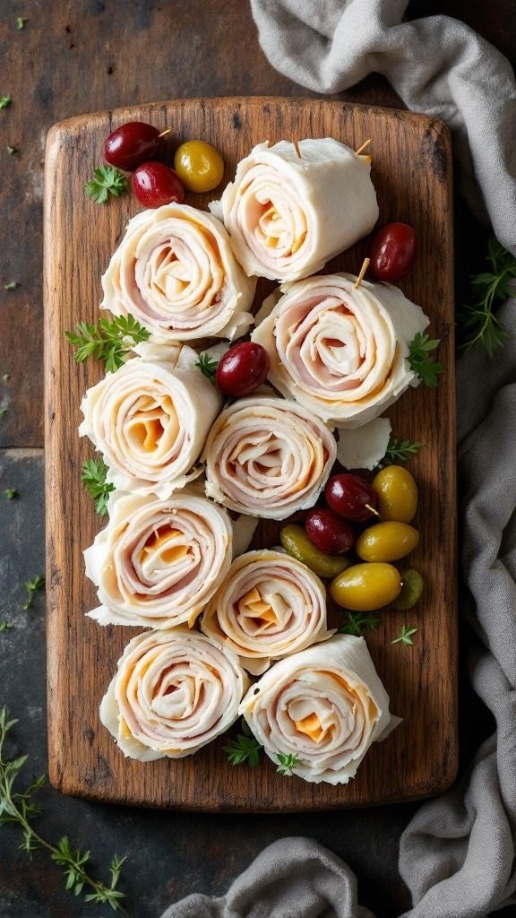 Sliced turkey and cheese roll-ups on a wooden board with grapes and herbs.