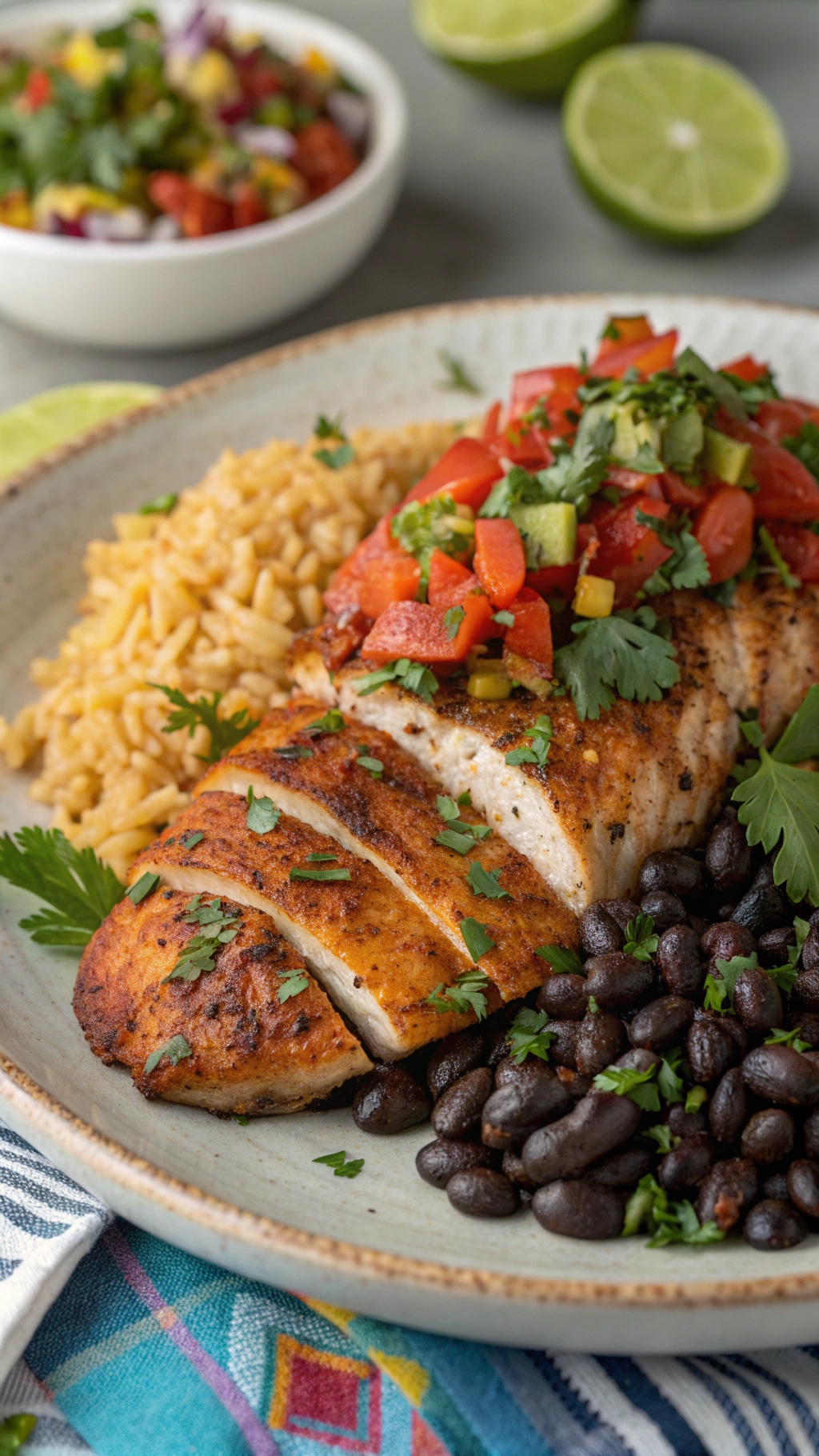 A plate of smoky chipotle chicken breast served with rice, black beans, and fresh salsa.