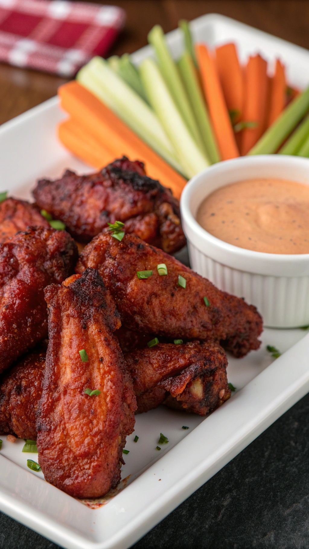 A platter of smoky paprika chicken wings with carrot and celery sticks and a dipping sauce.