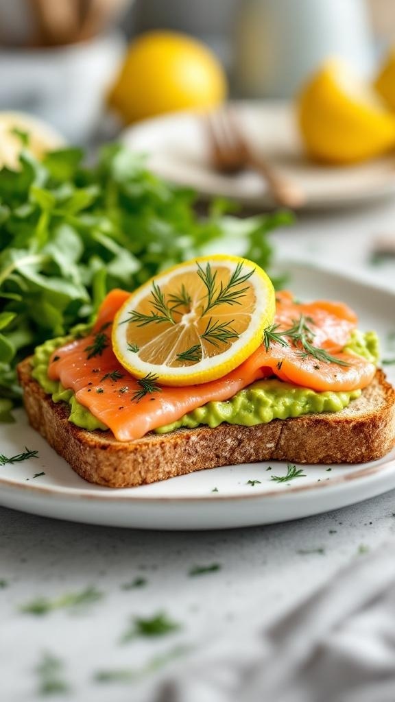 A plate of smoky salmon and avocado toast topped with a lemon slice and fresh herbs.