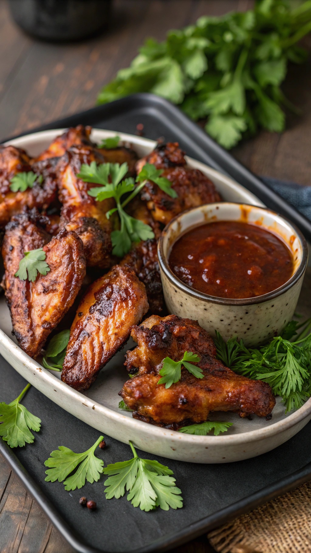 Delicious bourbon barbecue chicken wings garnished with parsley and served with barbecue sauce.