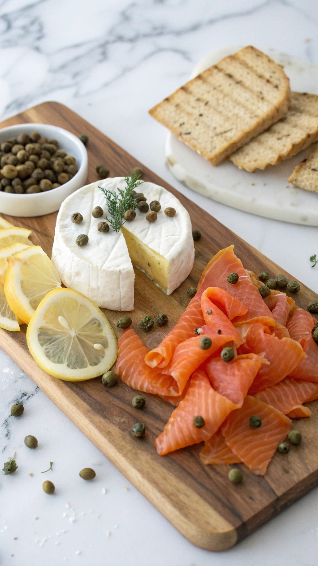 A cheese board featuring Neufchâtel cheese, smoked salmon, lemon slices, and capers.