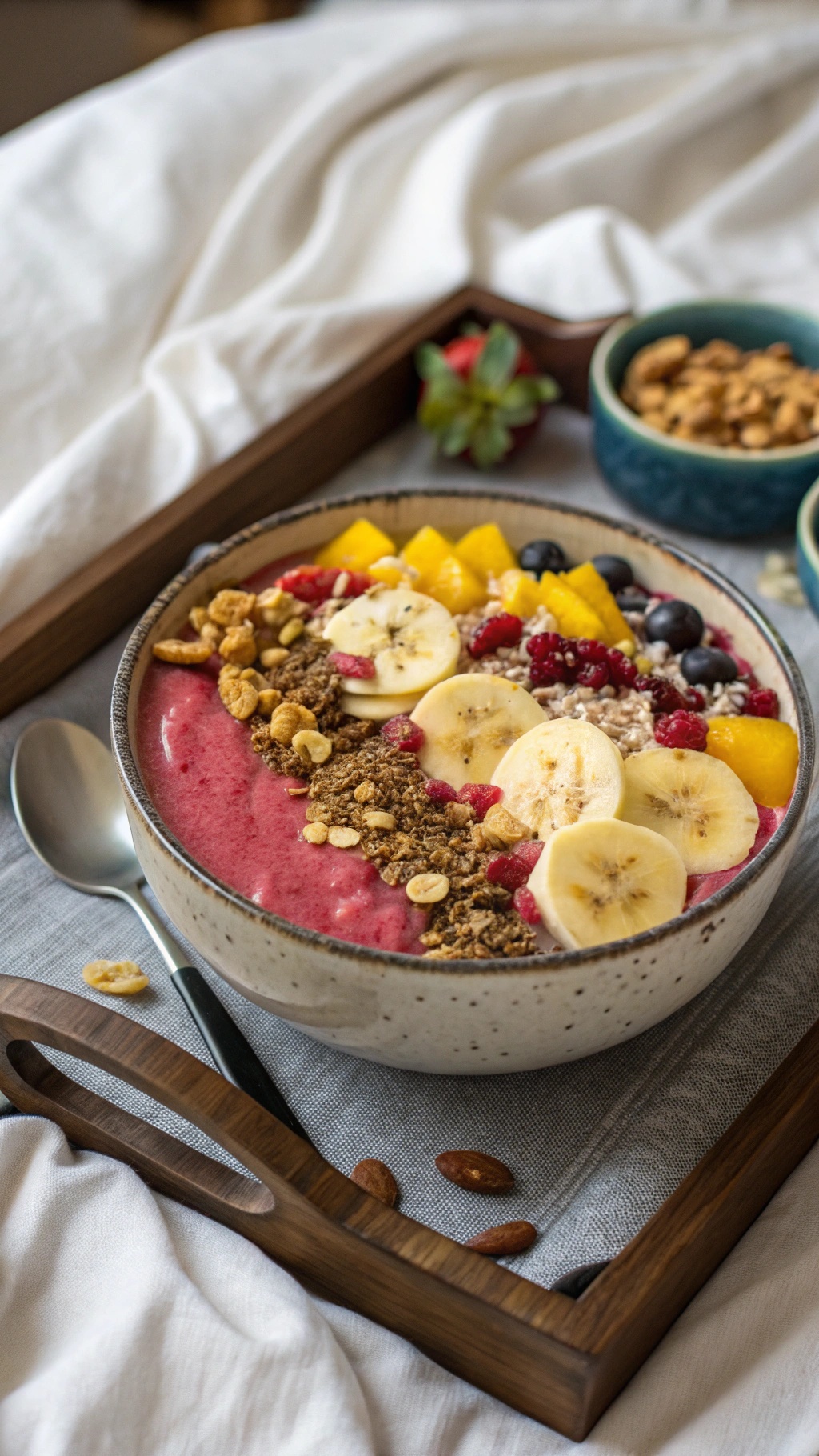A smoothie bowl topped with granola, nuts, and fresh fruits, served on a wooden tray.