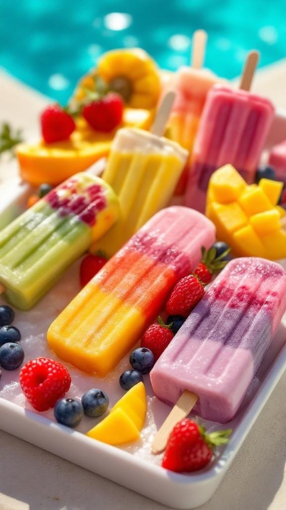 Colorful smoothie popsicles arranged on a tray with fresh fruits