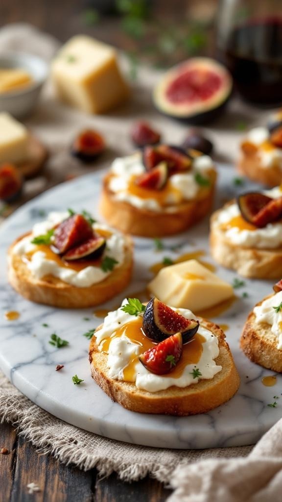 Goat cheese and fig crostini on a marble platter with fresh figs and herbs.