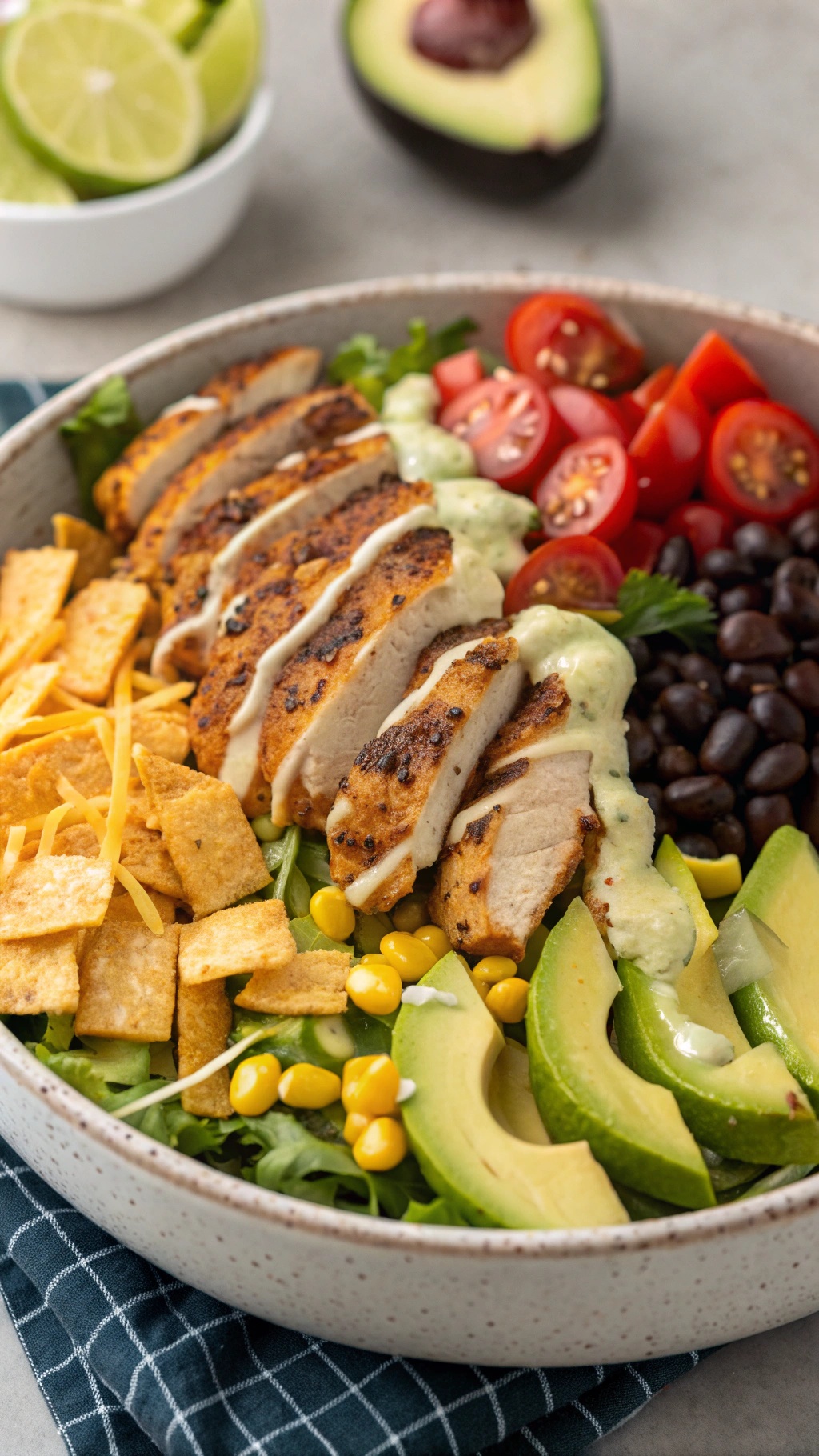 A colorful Southwest Chicken Salad with grilled chicken, avocado, cherry tomatoes, corn, black beans, and tortilla strips.
