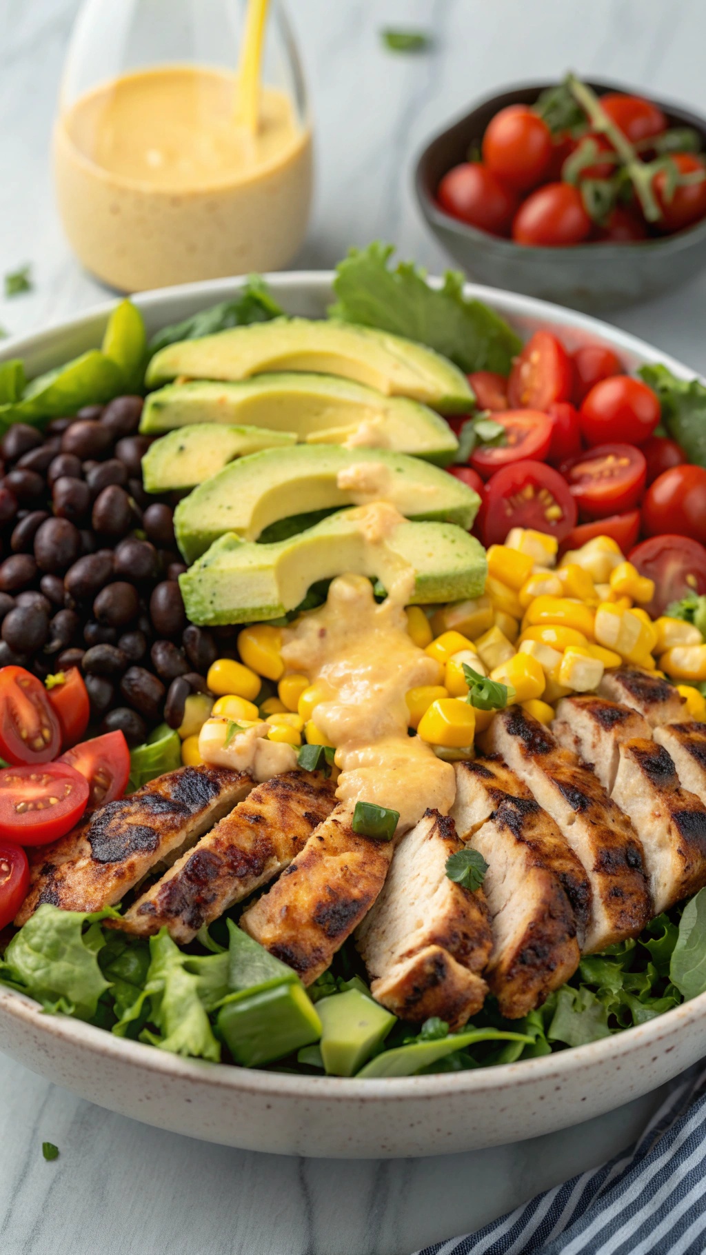 A colorful Southwest Chicken Salad with grilled chicken, avocado, black beans, corn, and cherry tomatoes, topped with a creamy dressing.