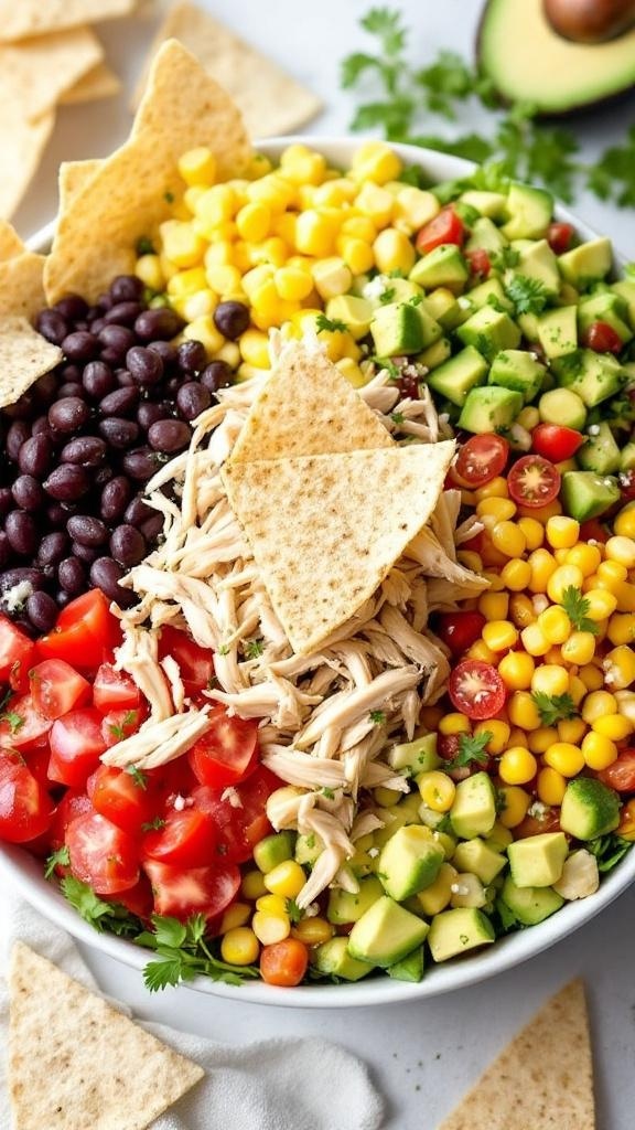 A colorful Southwest Rotisserie Chicken Salad with black beans, corn, tomatoes, avocado, and tortilla chips.