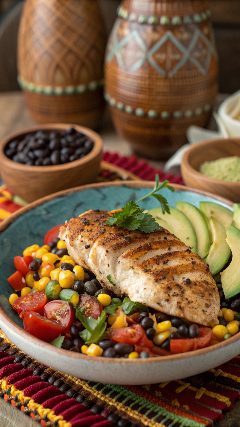 A plate of southwestern chicken breast served with black beans, corn, tomatoes, and avocado slices.