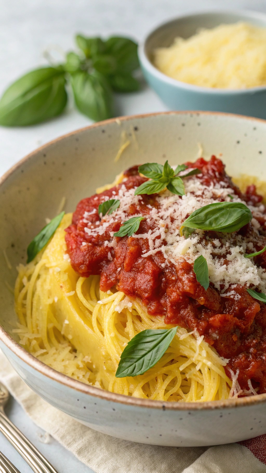 A bowl of spaghetti squash topped with marinara sauce, garnished with basil and cheese.
