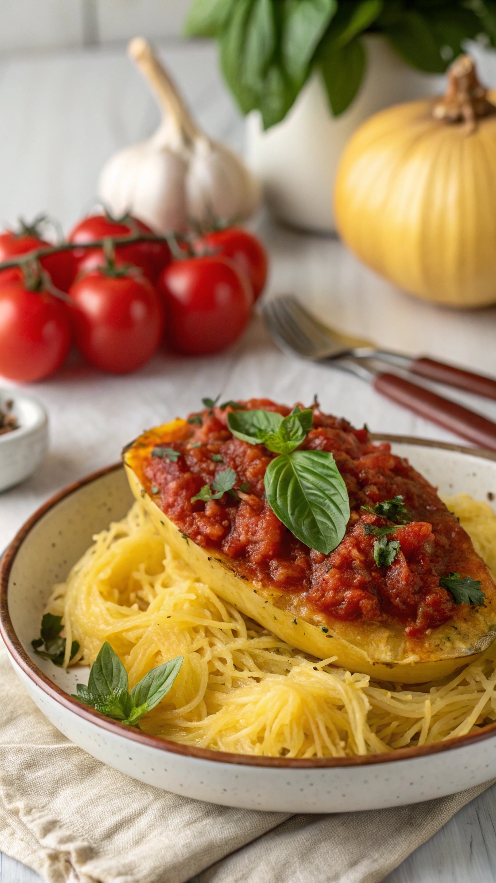 A plate of spaghetti squash topped with marinara sauce, garnished with fresh basil, surrounded by tomatoes and garlic.