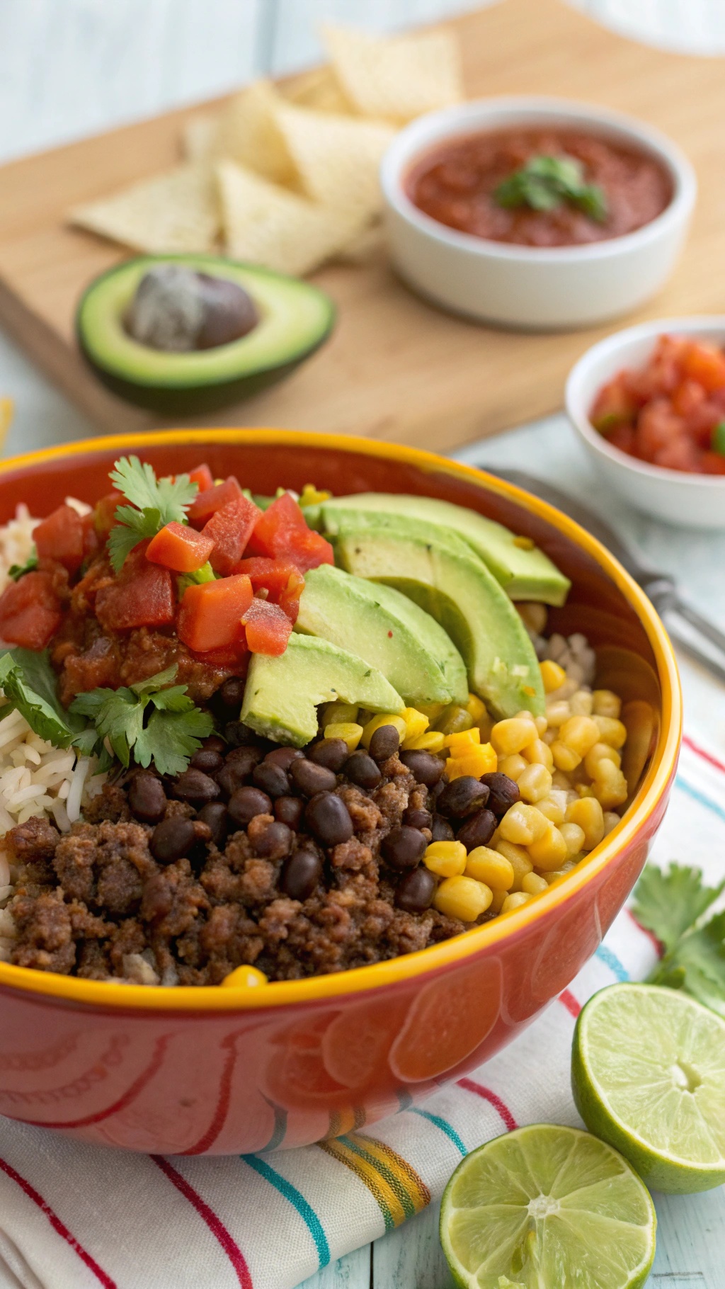 A colorful bowl of beef burrito ingredients including rice, ground beef, black beans, corn, avocado, and salsa.