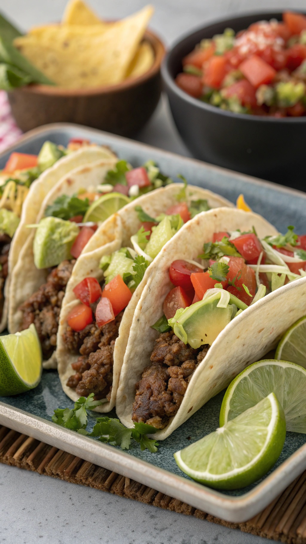 A plate of beef tacos topped with fresh vegetables and lime wedges, served with tortilla chips and salsa.