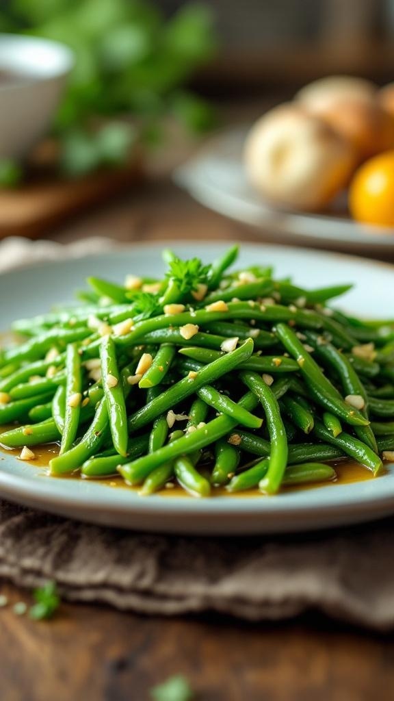 A plate of garlic butter green beans topped with nuts, served on a wooden table.