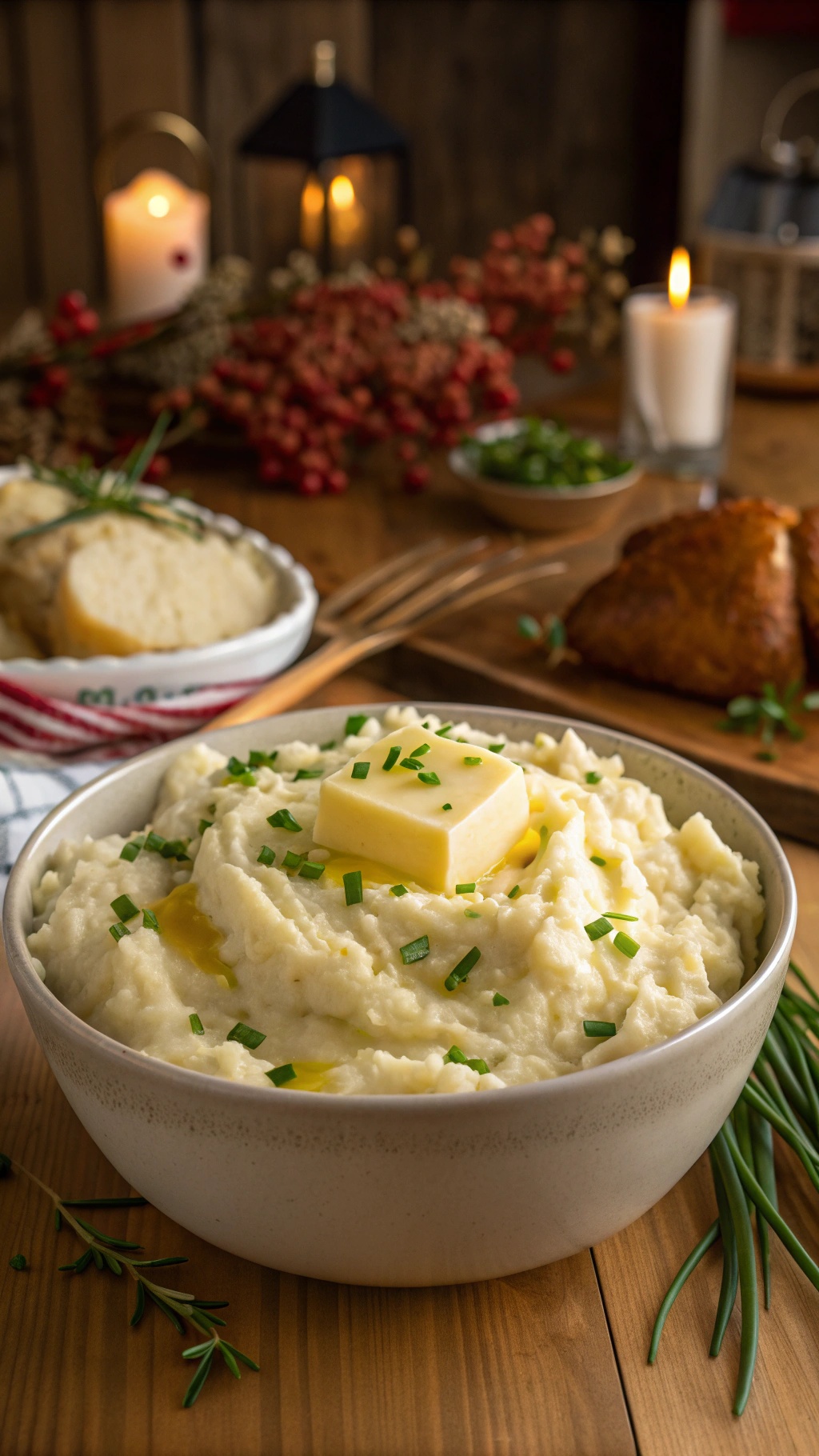A bowl of creamy garlic mashed potatoes topped with butter and chives, set on a rustic wooden table.