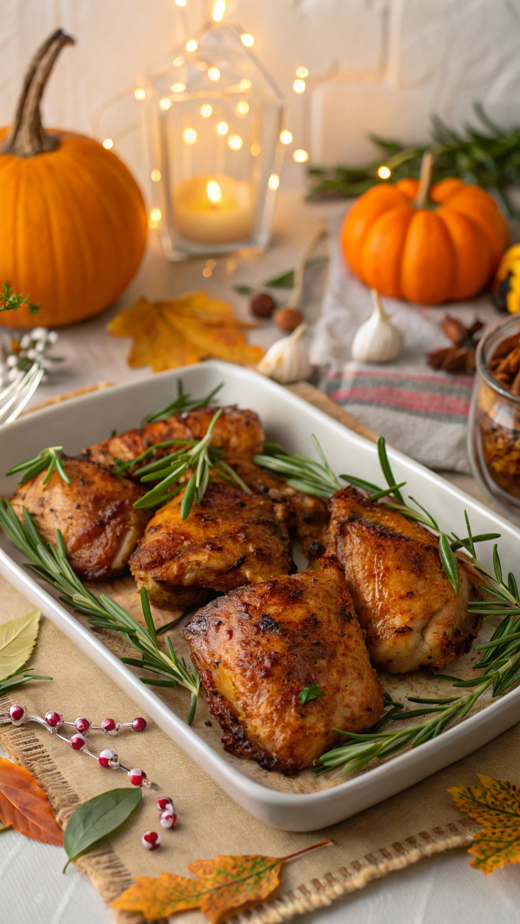 Herb-roasted chicken thighs garnished with rosemary, surrounded by autumn decorations.