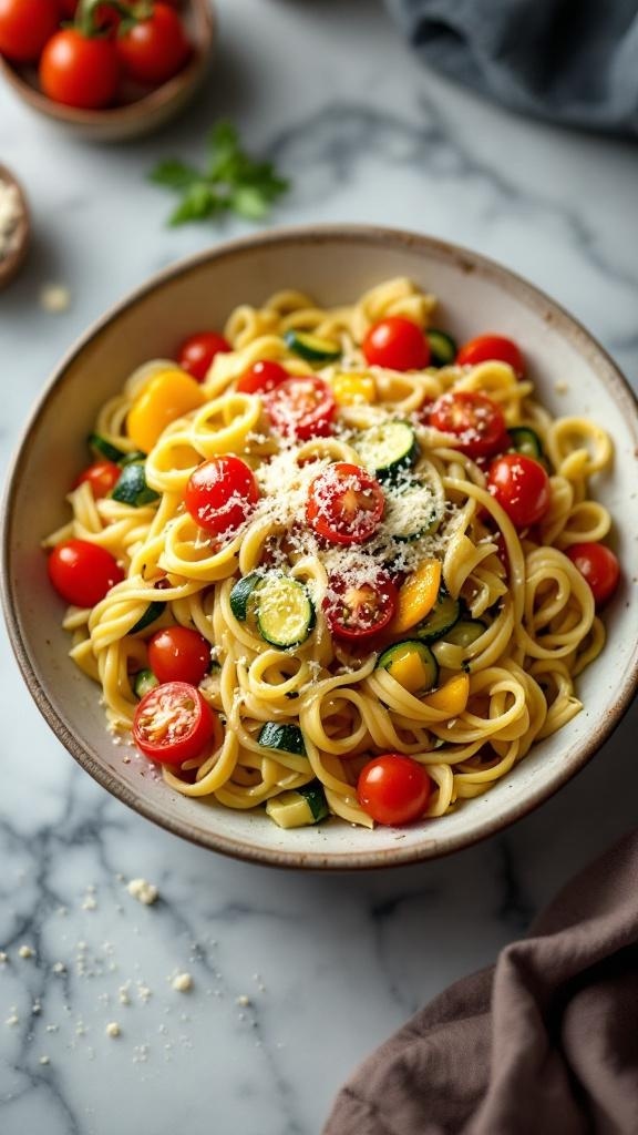 A bowl of pasta primavera with cherry tomatoes and zucchini, garnished with Parmesan cheese.