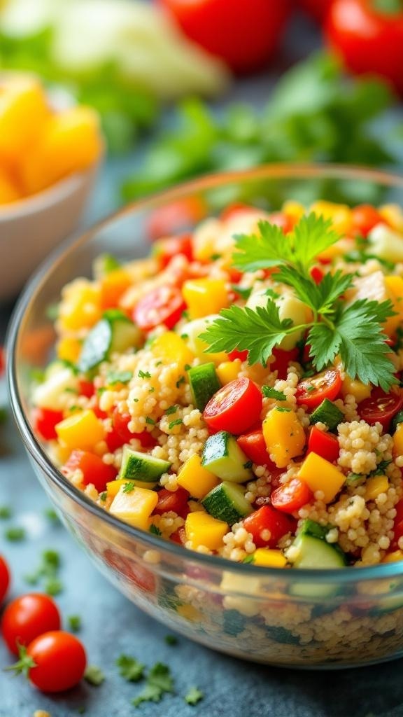 A colorful quinoa salad with fresh vegetables in a glass bowl.