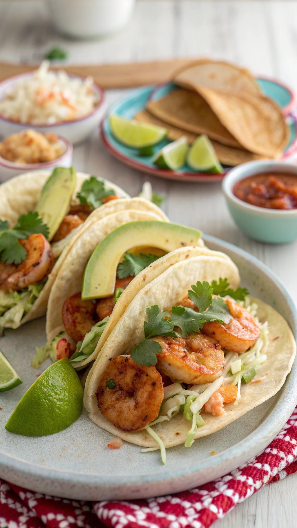 Plate of shrimp tacos with cabbage slaw, avocado slices, and lime wedges