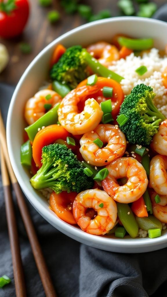A bowl of stir-fried shrimp with broccoli, bell peppers, and carrots served over rice.