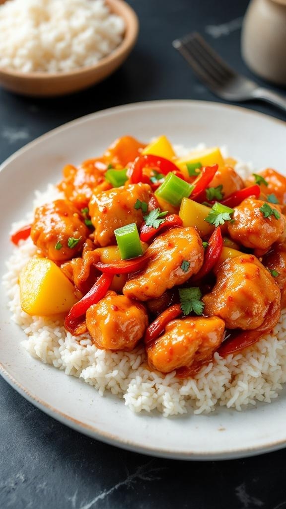 A plate of sweet and sour chicken served over rice with colorful vegetables.