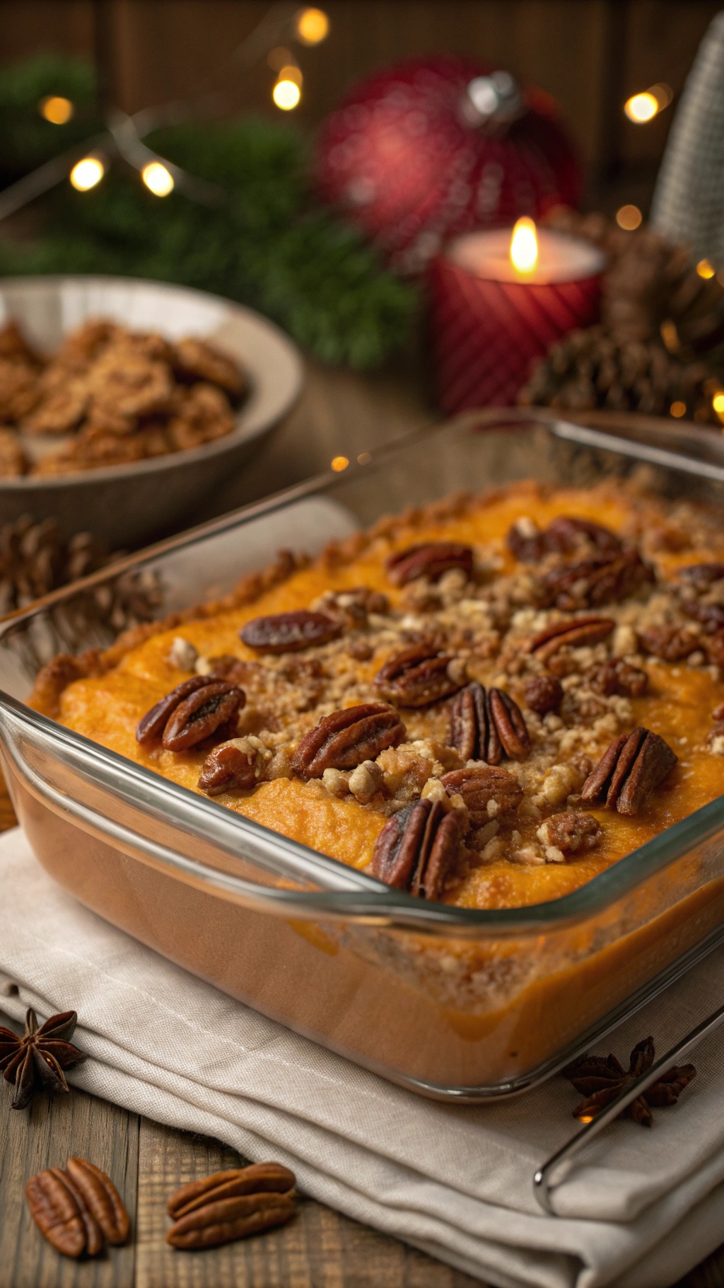 A delicious sweet potato casserole topped with pecans, ready for Thanksgiving dinner.