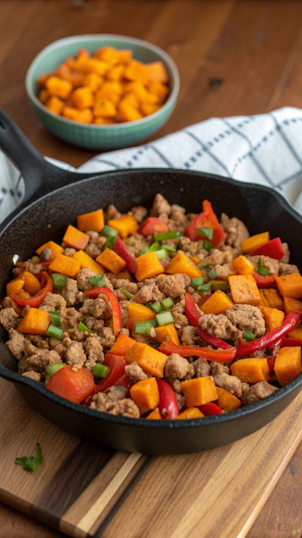 A skillet filled with turkey, sweet potatoes, and colorful bell peppers.