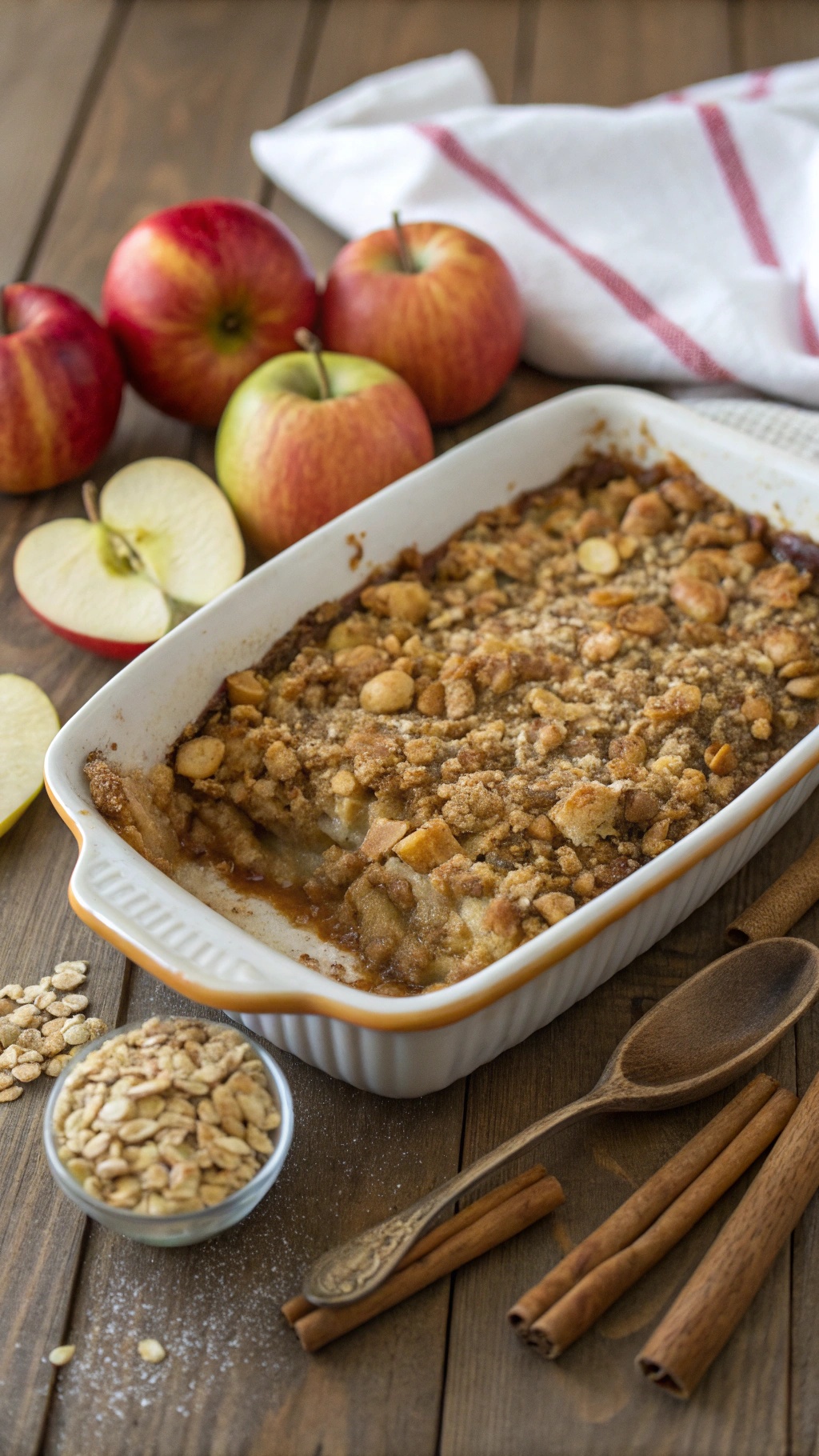 A spiced apple crisp with oat topping in a baking dish, surrounded by fresh apples and cinnamon sticks.