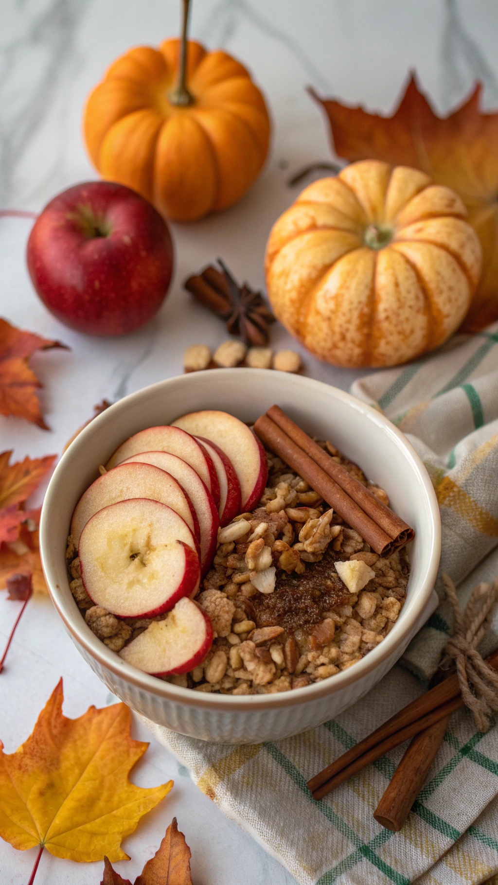 A bowl of cinnamon and apple granola with sliced apples, nuts, and cinnamon sticks, surrounded by autumn leaves and pumpkins.
