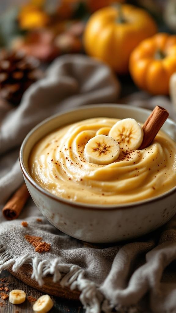 A bowl of spiced banana pudding topped with banana slices and cinnamon, set against a cozy autumn backdrop.