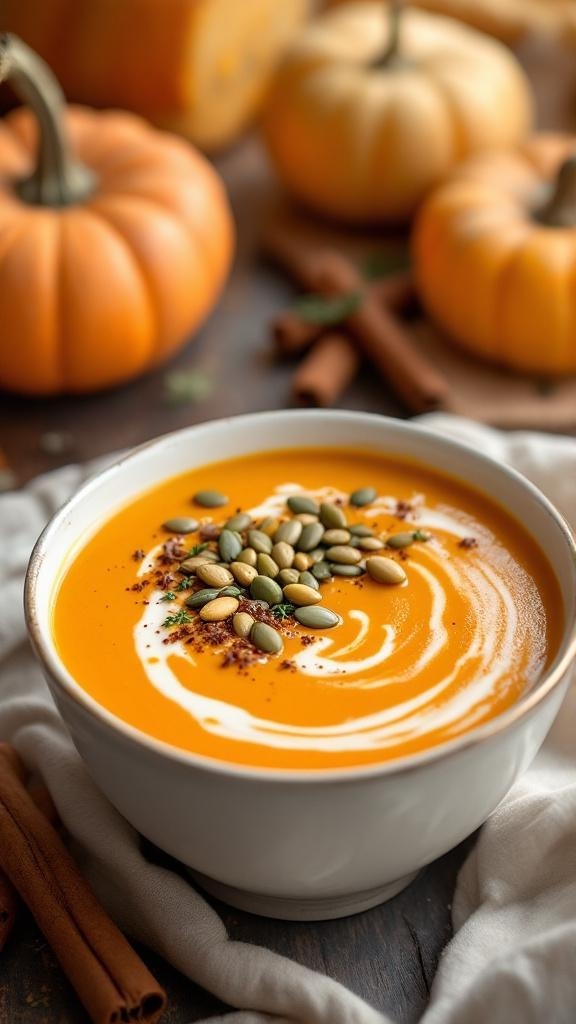 A bowl of spiced butternut squash soup topped with pumpkin seeds and a swirl of cream, surrounded by pumpkins and cinnamon sticks.