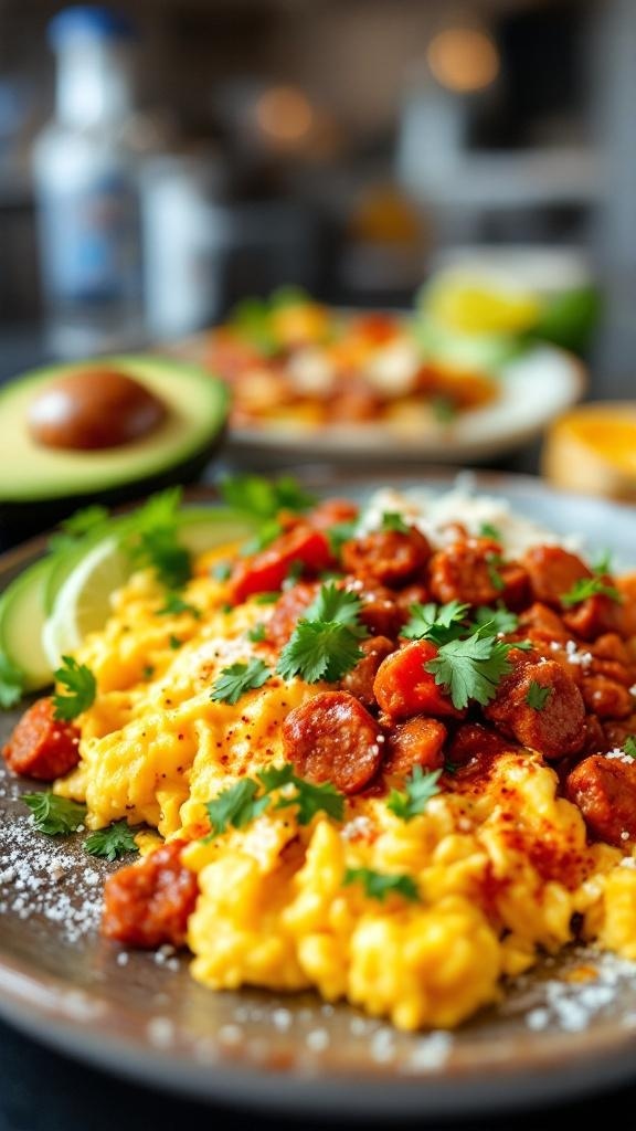 A delicious spiced chorizo and egg scramble served with avocado and lime.