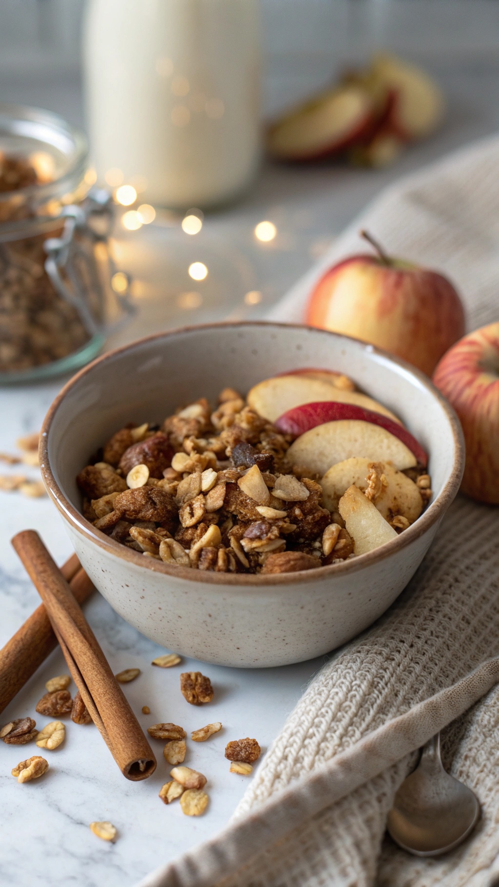 A bowl of cinnamon apple granola with apple slices and cinnamon sticks