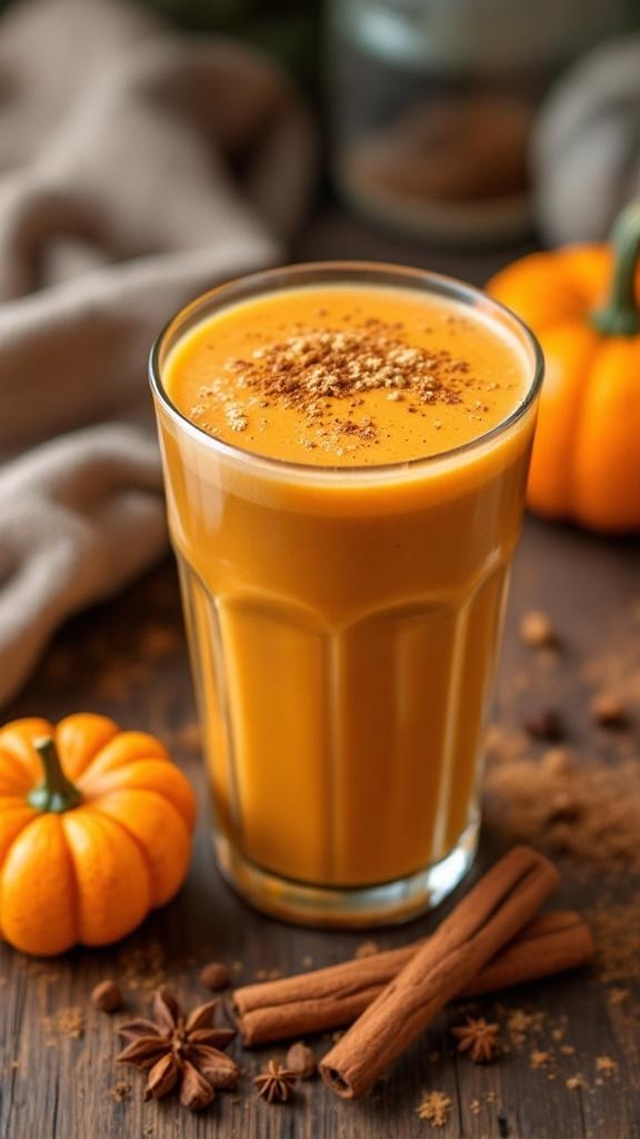 A glass of spiced pumpkin pie smoothie with a sprinkle of cinnamon, surrounded by small pumpkins and cinnamon sticks.