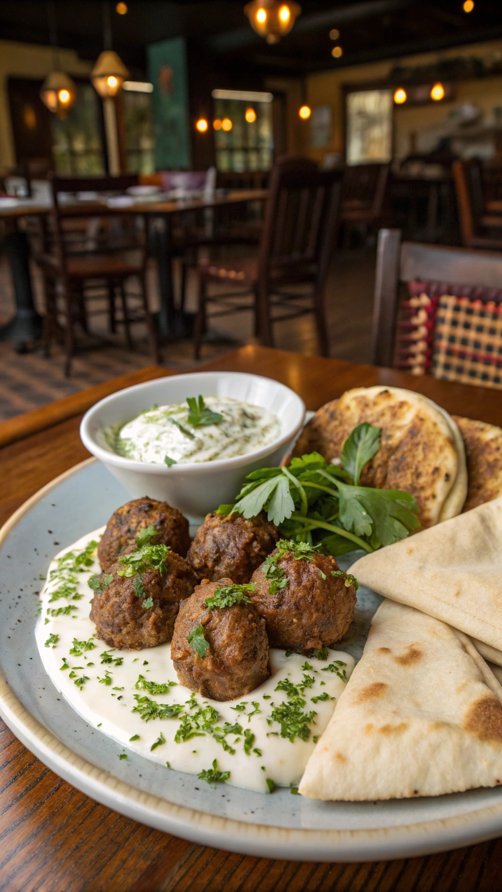 A plate of spiced turkey meatballs served with yogurt sauce and pita bread.