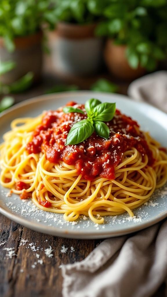 A plate of spaghetti squash topped with marinara sauce and fresh basil.