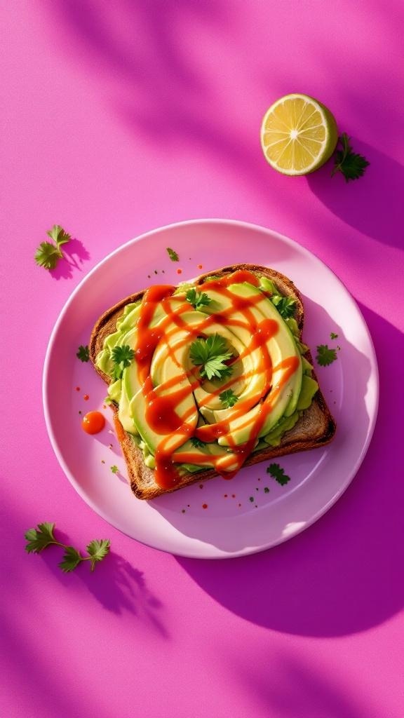 Spicy avocado toast topped with Sriracha and garnished with cilantro on a pink plate.