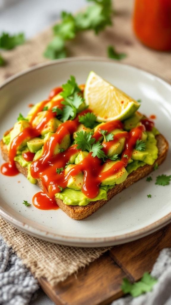 Spicy avocado toast topped with sriracha, lime, and cilantro on a plate.