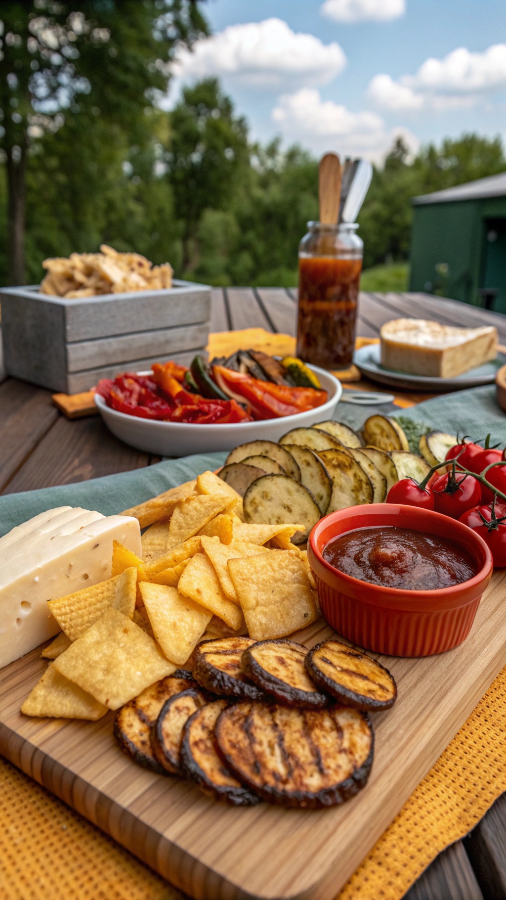 A vibrant cheese board featuring mild cheese, tortilla chips, grilled zucchini, bell peppers, cherry tomatoes, and BBQ sauce, set outdoors.