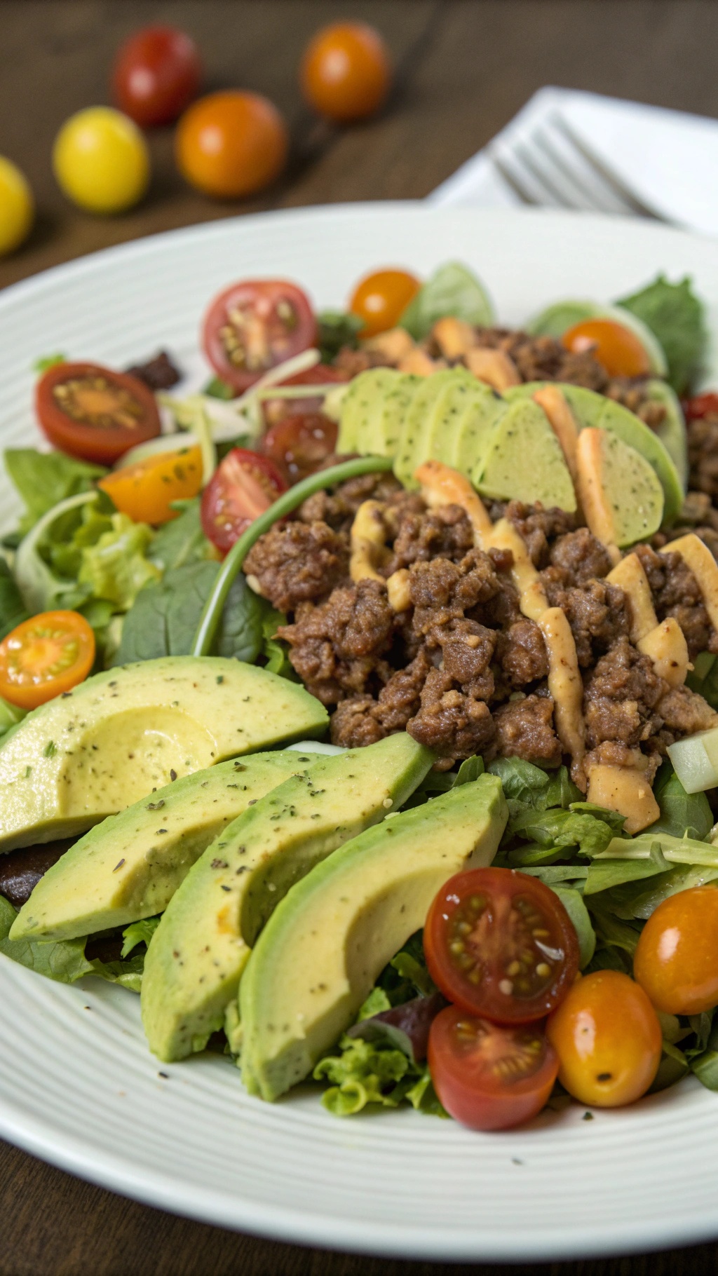 A colorful spicy beef and avocado salad with mixed greens, cherry tomatoes, and a drizzle of dressing.