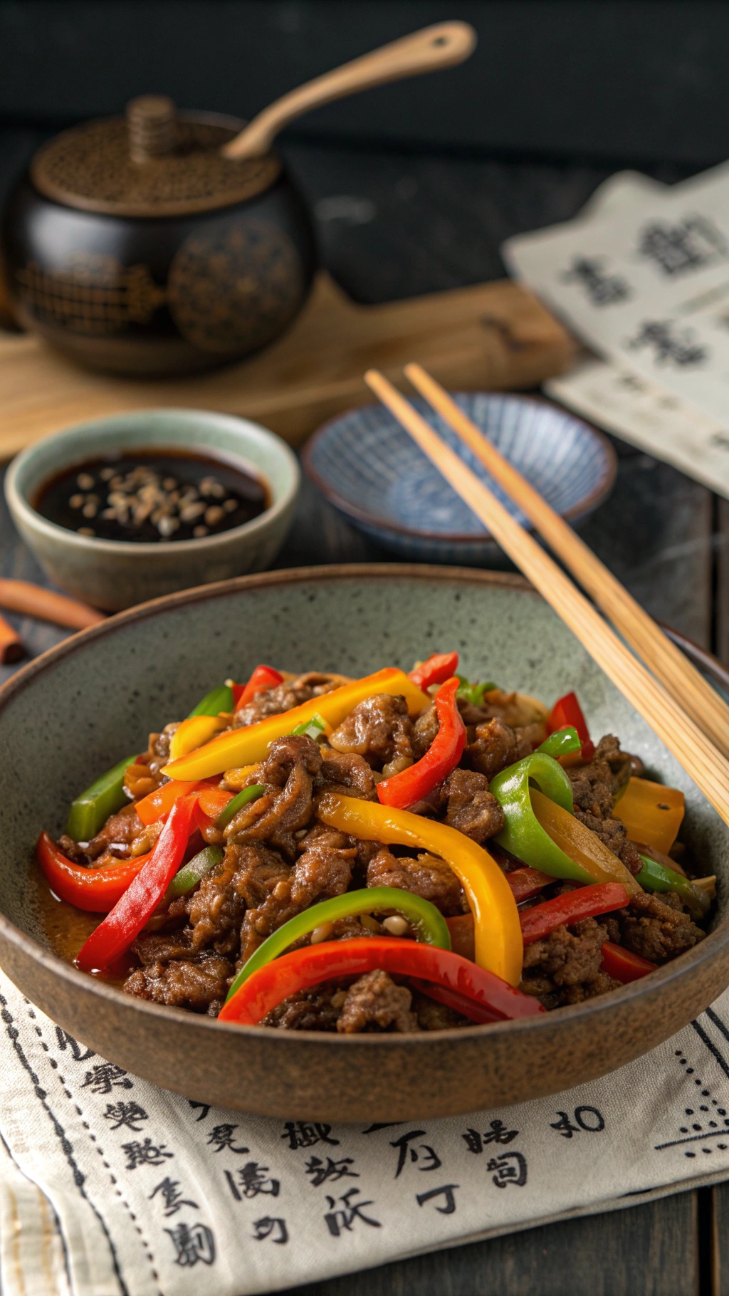A bowl of spicy beef and bell pepper stir-fry with chopsticks and sauces in the background.
