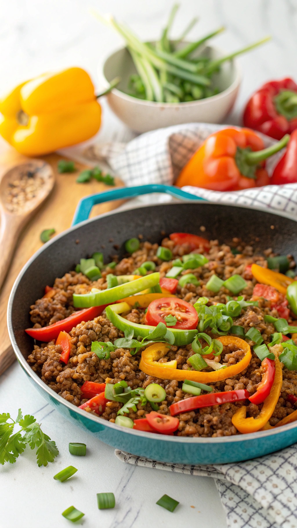 A colorful stir-fry featuring ground beef, bell peppers, and green onions in a skillet.
