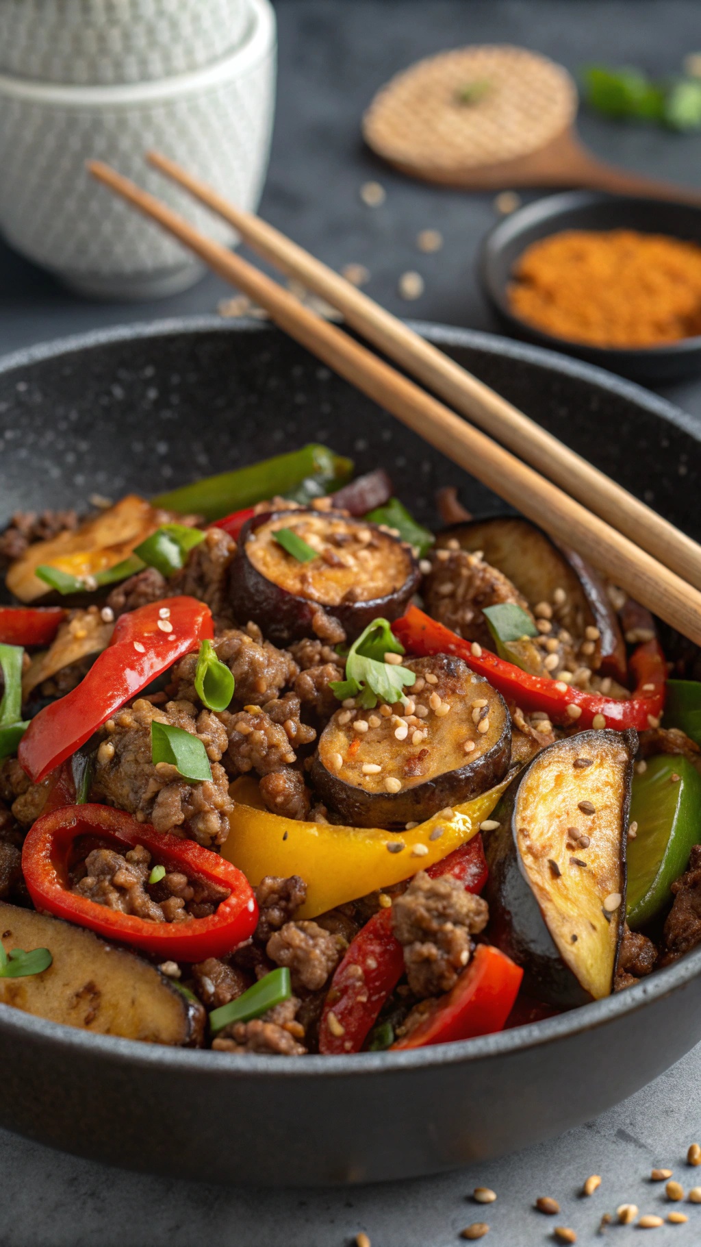 A colorful spicy beef and eggplant stir-fry with bell peppers and sesame seeds.