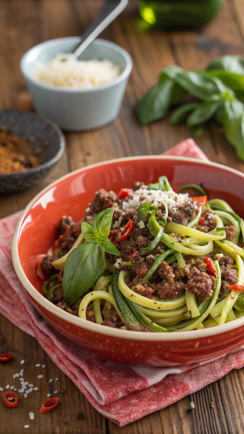 A bowl of spicy beef and zucchini noodles garnished with fresh basil and red chili flakes.