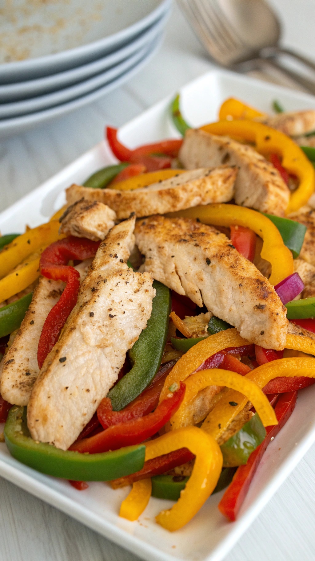 Air fryer chicken breast with colorful bell pepper strips