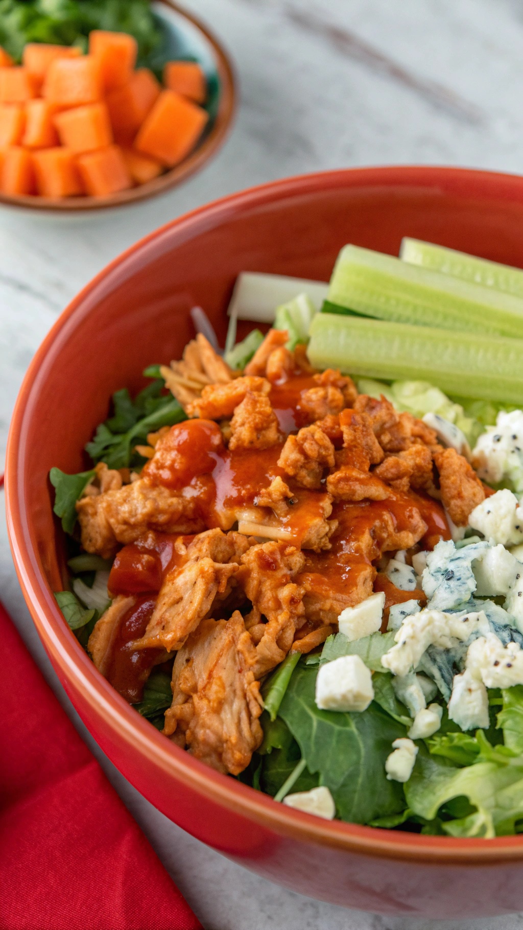 A vibrant bowl of spicy buffalo chicken salad with shredded chicken, greens, celery, and blue cheese.