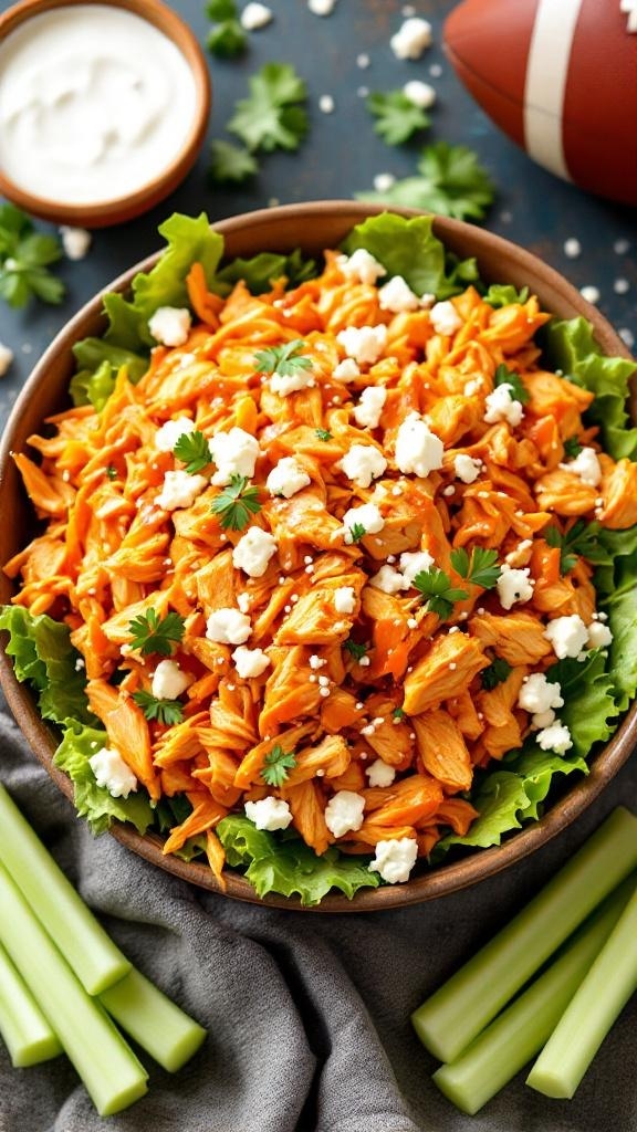 A bowl of Spicy Buffalo Rotisserie Chicken Salad with blue cheese, served on a bed of lettuce, with celery sticks on the side.